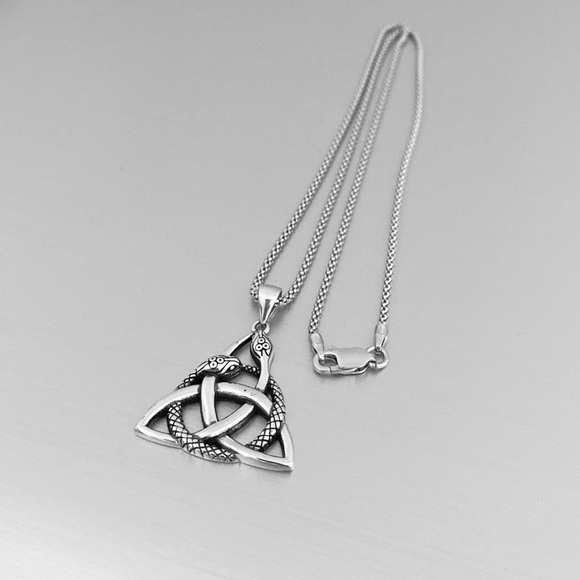 Sterling Silver Celtic Snake Necklace, Triquetra Chain, Animal Retiles Jewelry - Picture 3 of 8